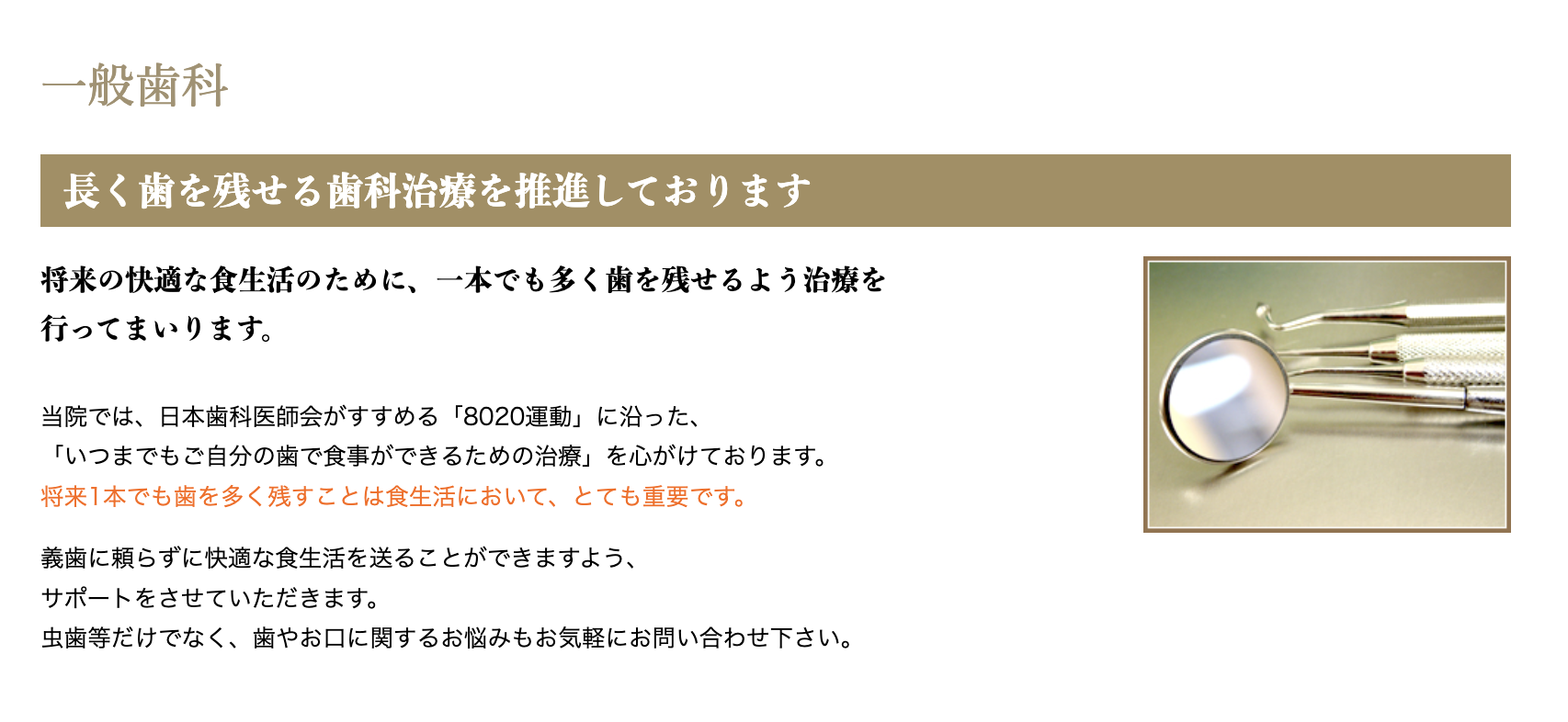 患者様の年齢やニーズを問わず、健康なお口の維持をお手伝いする診療体制を整えております