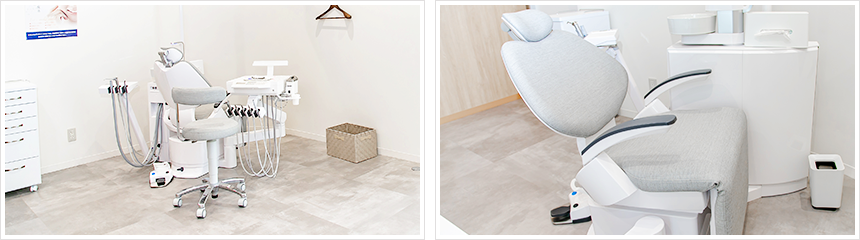 ①診療ルーム②診察風景③うえさか歯科精鋭スタッフ