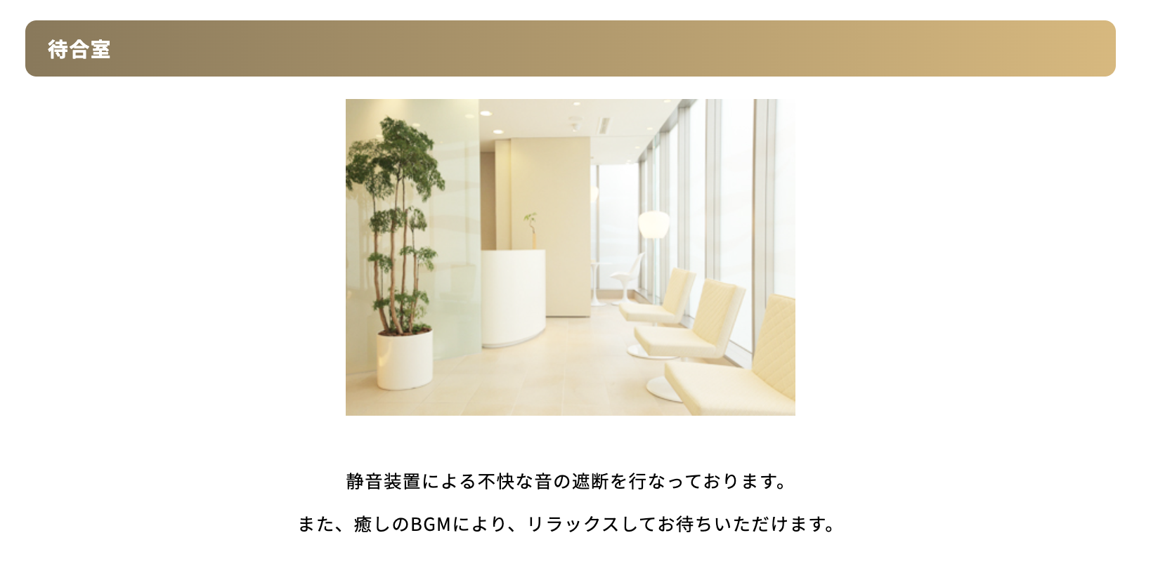 ① "あなたらしい自然な美しさを” 実現させていただきます ②待合室 ③完全個室の治療室