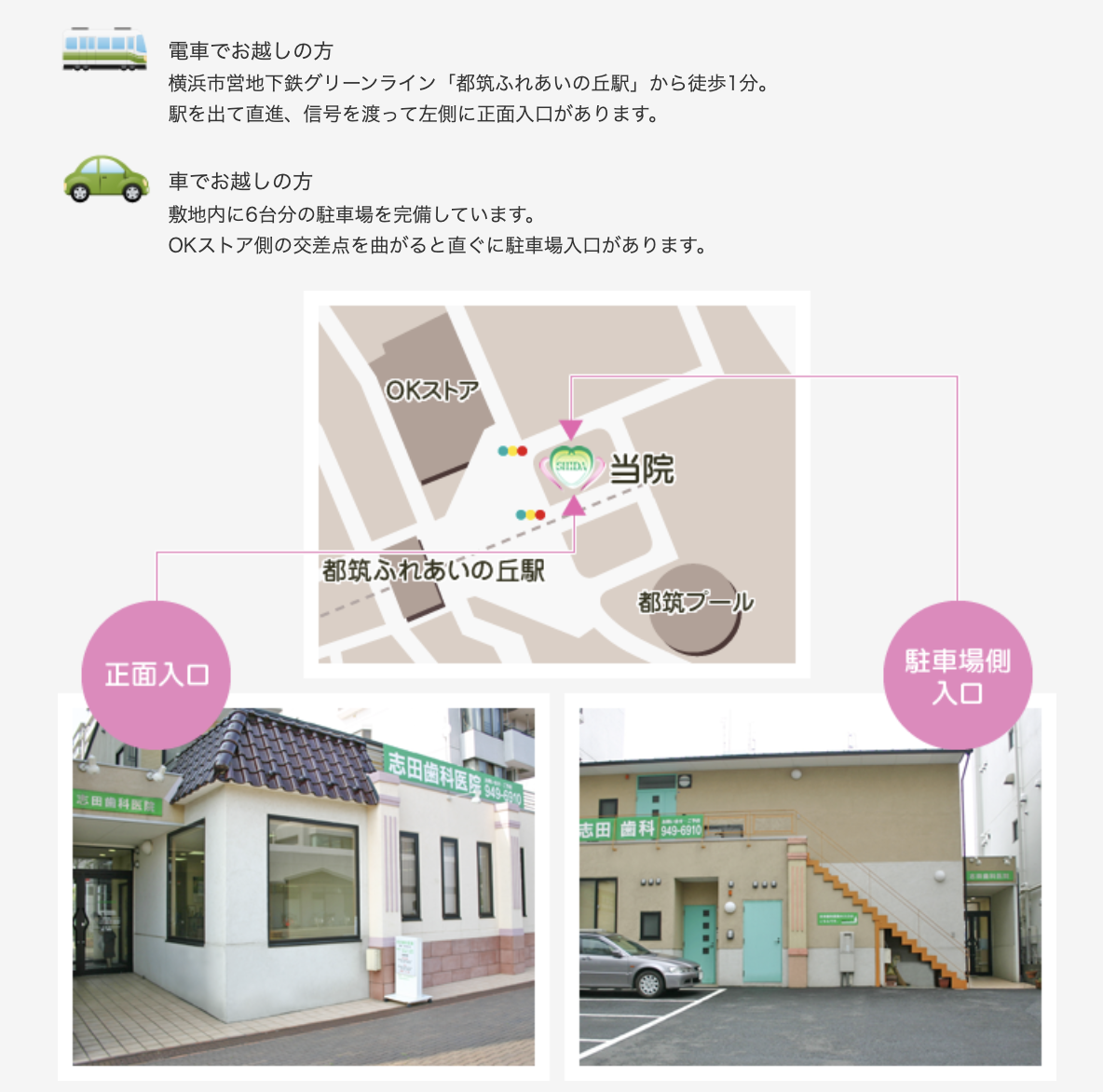 ①わたしたちは、この街の デンタルホームドクターです ②アクセス ③診療時間