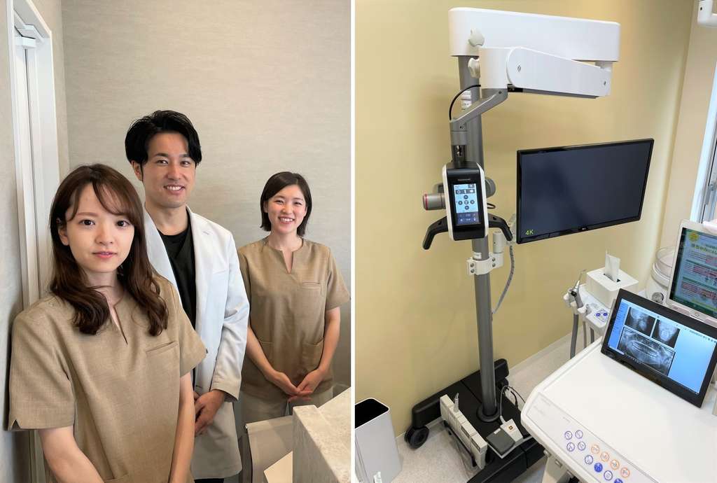 虫歯・歯周病予防をサポートするスタッフ（写真左）　予防や歯の神経の治療（根管治療）で使用するマイクロスコープ（同右）