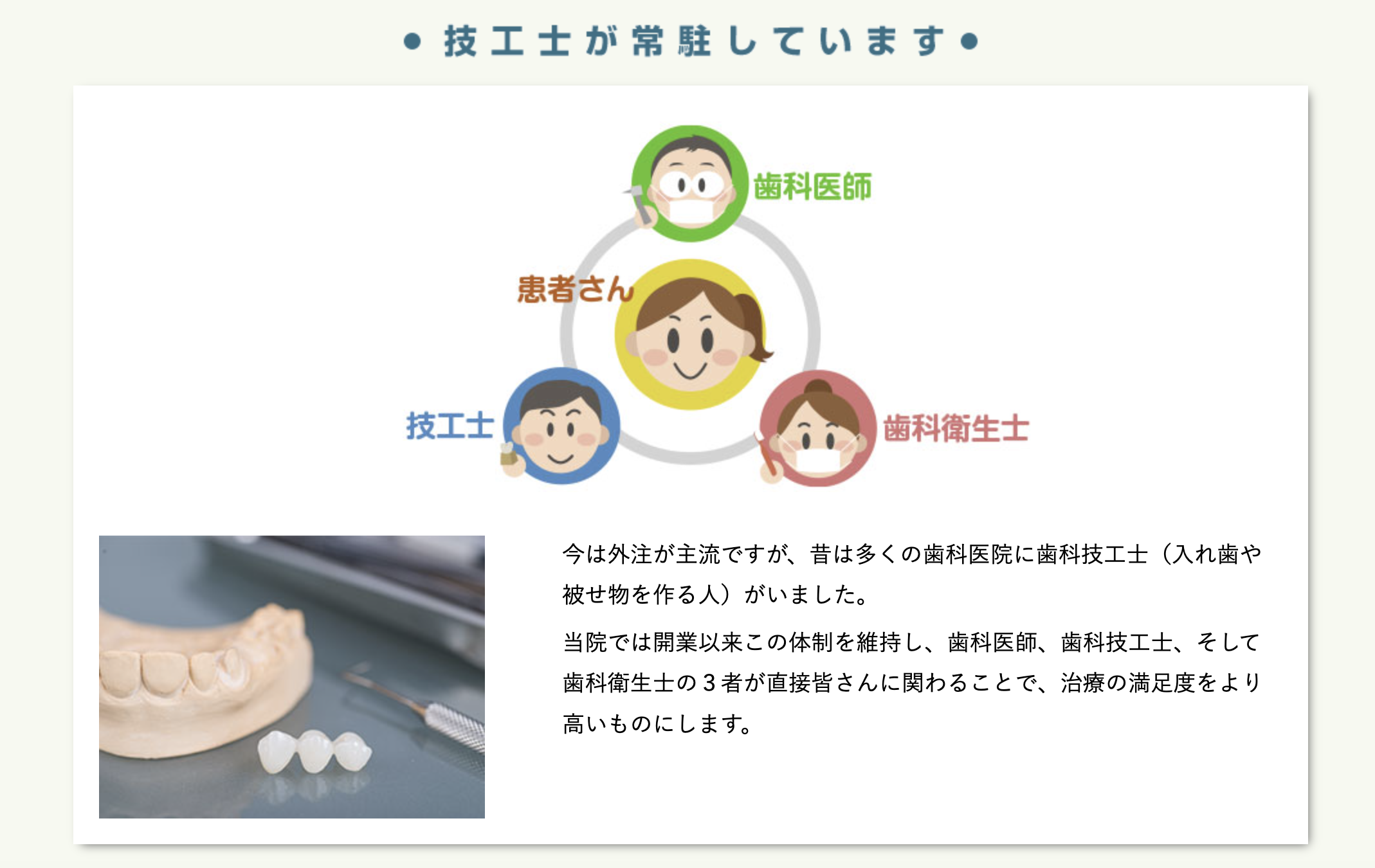①銀座で50年の歴史を持つ歯科医院 ②診療時間 ③技工士が常駐しています
