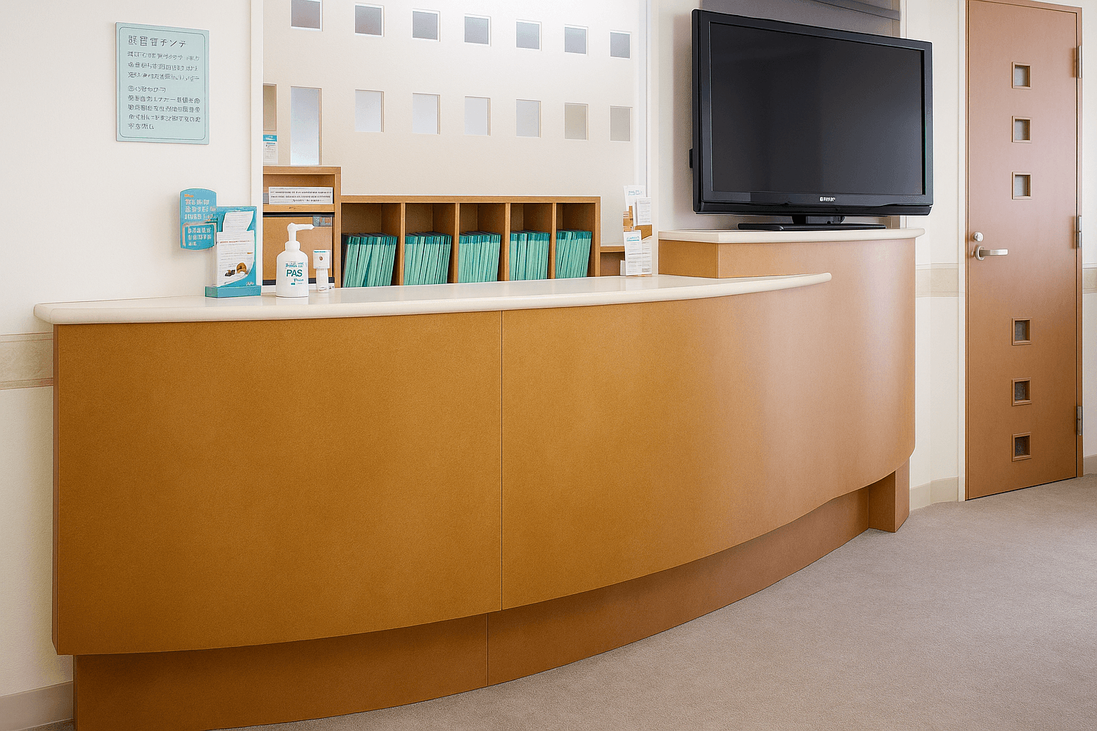 ①クリニック外観　②受付　③待合室