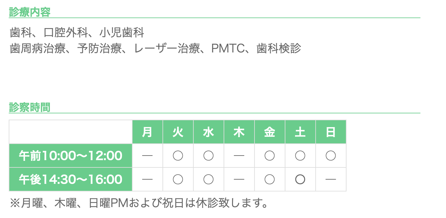 ①医院名・電話番号 ②診療内容・診療時間 ③アクセス