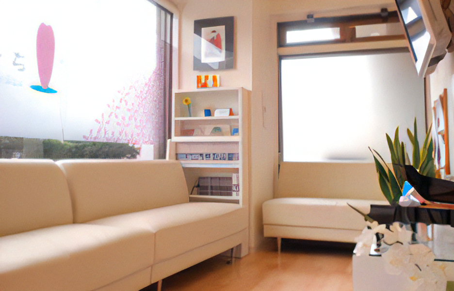 ①クリニック外観②待合室③洗面台