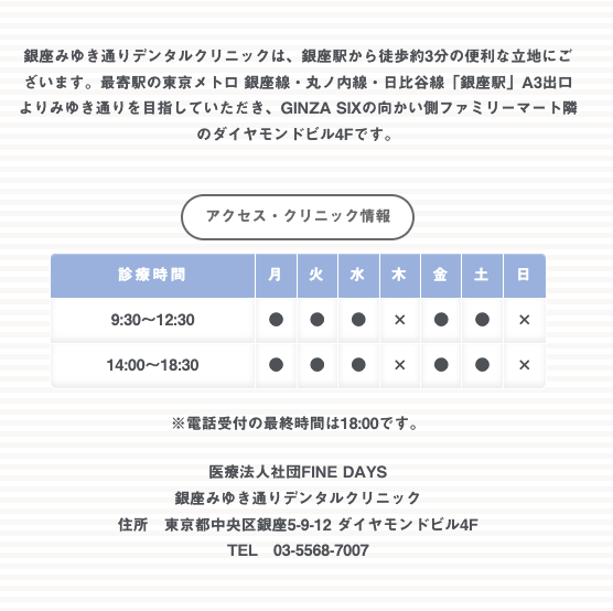 ①銀座の美容歯科・矯正歯科  ②診療室  ③診療時間
