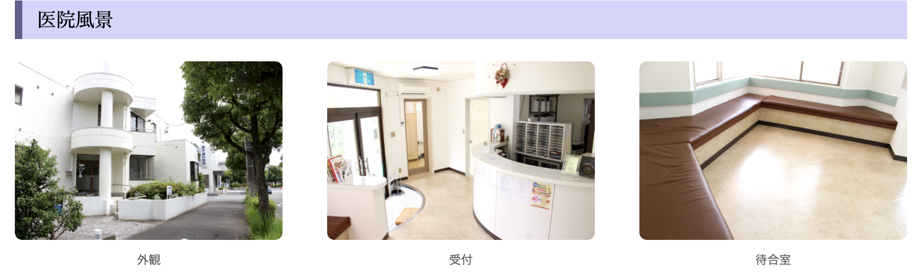 ①並木の町と共に歩んだ30年以上の実績 ②③医院風景