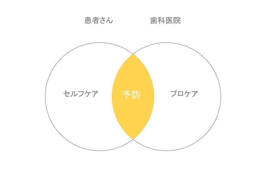 患者さんが行うセルフケアと歯科医院が行うプロケアの重なる部分が「予防」になります。