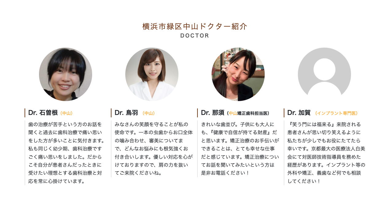 ①『女性歯科医師が中心となって診療させていただく』歯科医療法人です ②診療案内 ③ドクター紹介