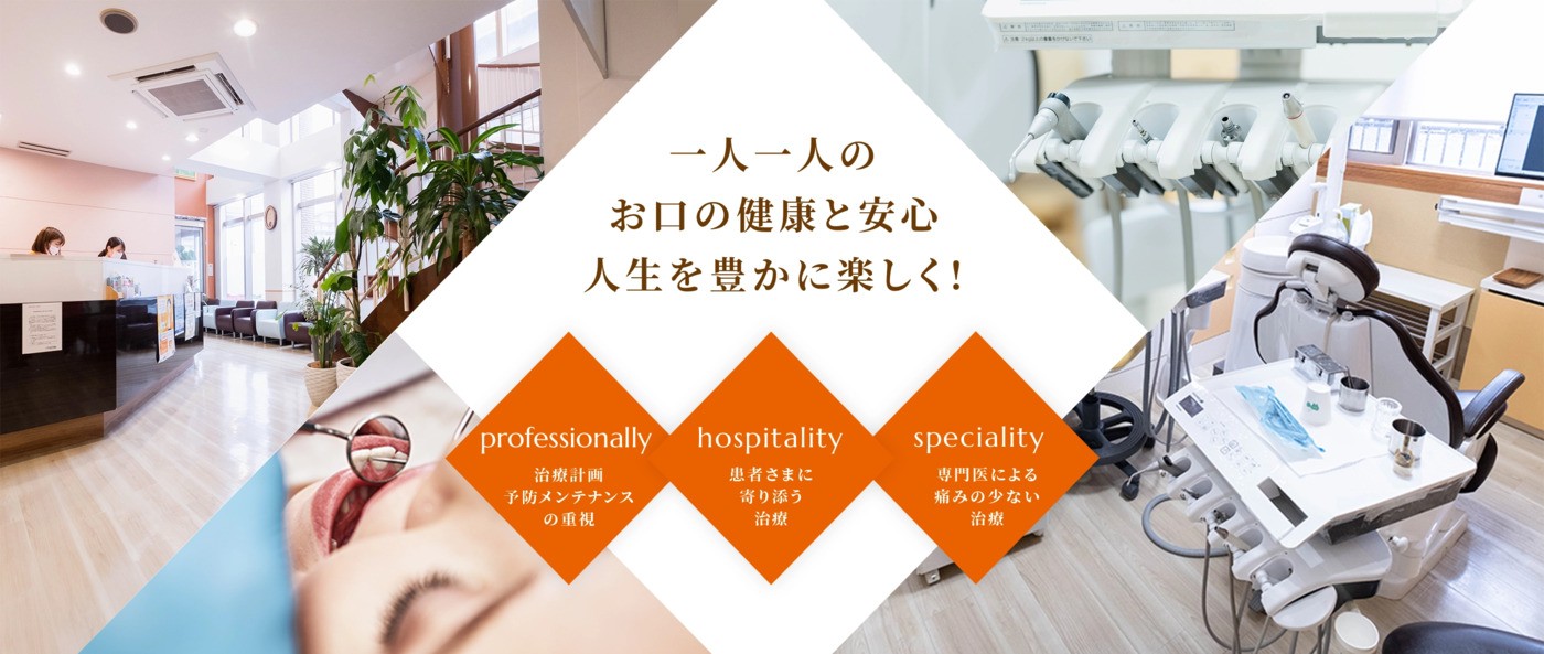 ①インプラント治療実績6000本 ②一人一人のお口の健康と安心人生を豊かに楽しく！ ③医院外観