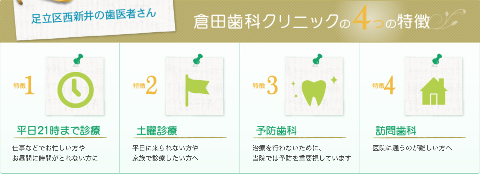 ①外観 ②倉田歯科クリニック4つの特徴 ③待合室・診療室