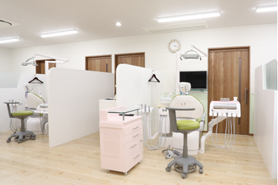 ①クリニック外観②受付③診療チェア