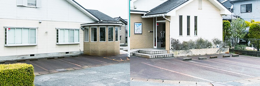 ①クリニック外観②玄関・駐車場③第2駐車場
