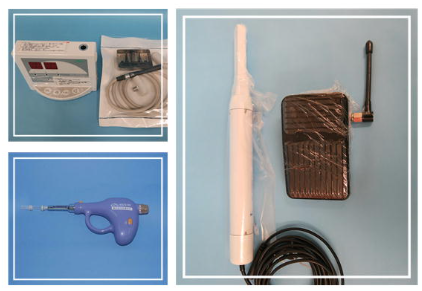 左上 レーザーう蝕診断器、左下 電動麻酔器、右 口腔内カメラ