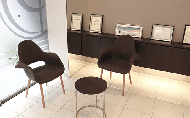 ①医院外観②待合スペース③診療スペース