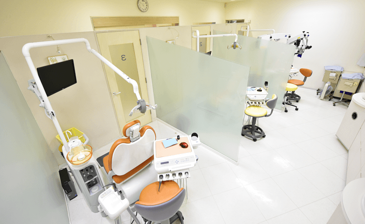 ①にしざわ歯科医院はチームワークを大切にしています
②広々として清潔感のある治療室
③にしざわ歯科医院外観　駐車場も完備