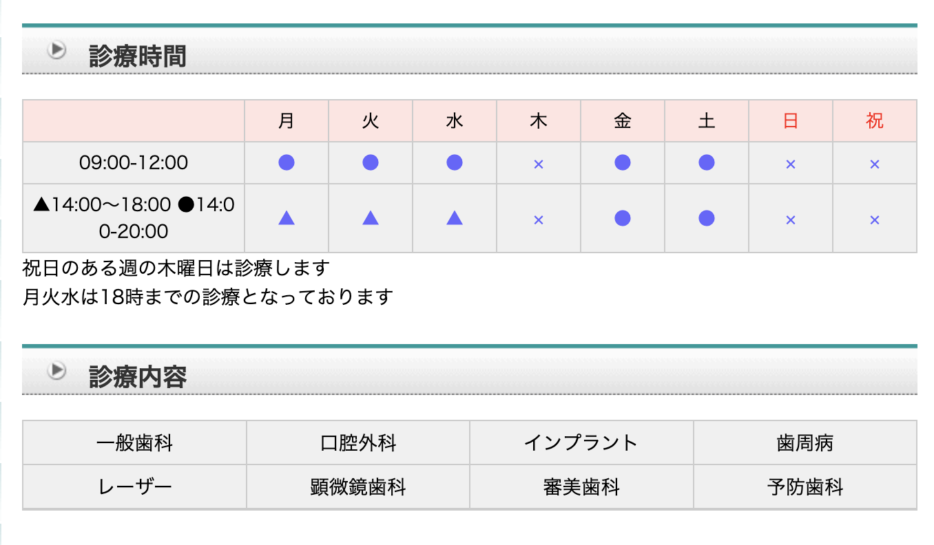 ①医院名 ②診療時間・診療内容 ③アクセス情報