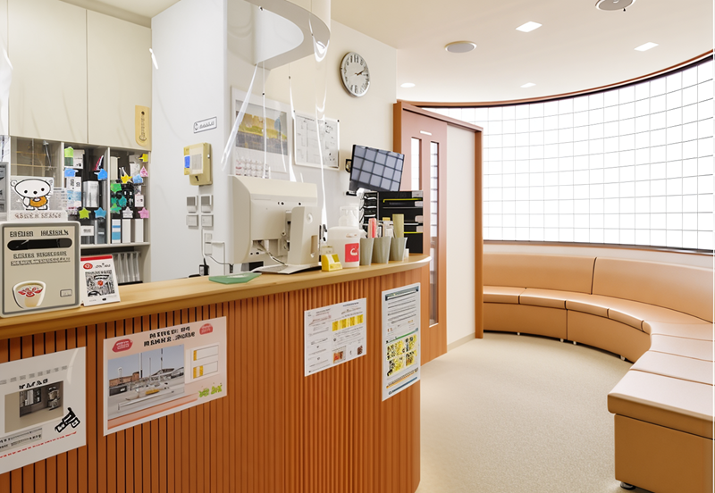 ①クリニック外観②受付③待合室