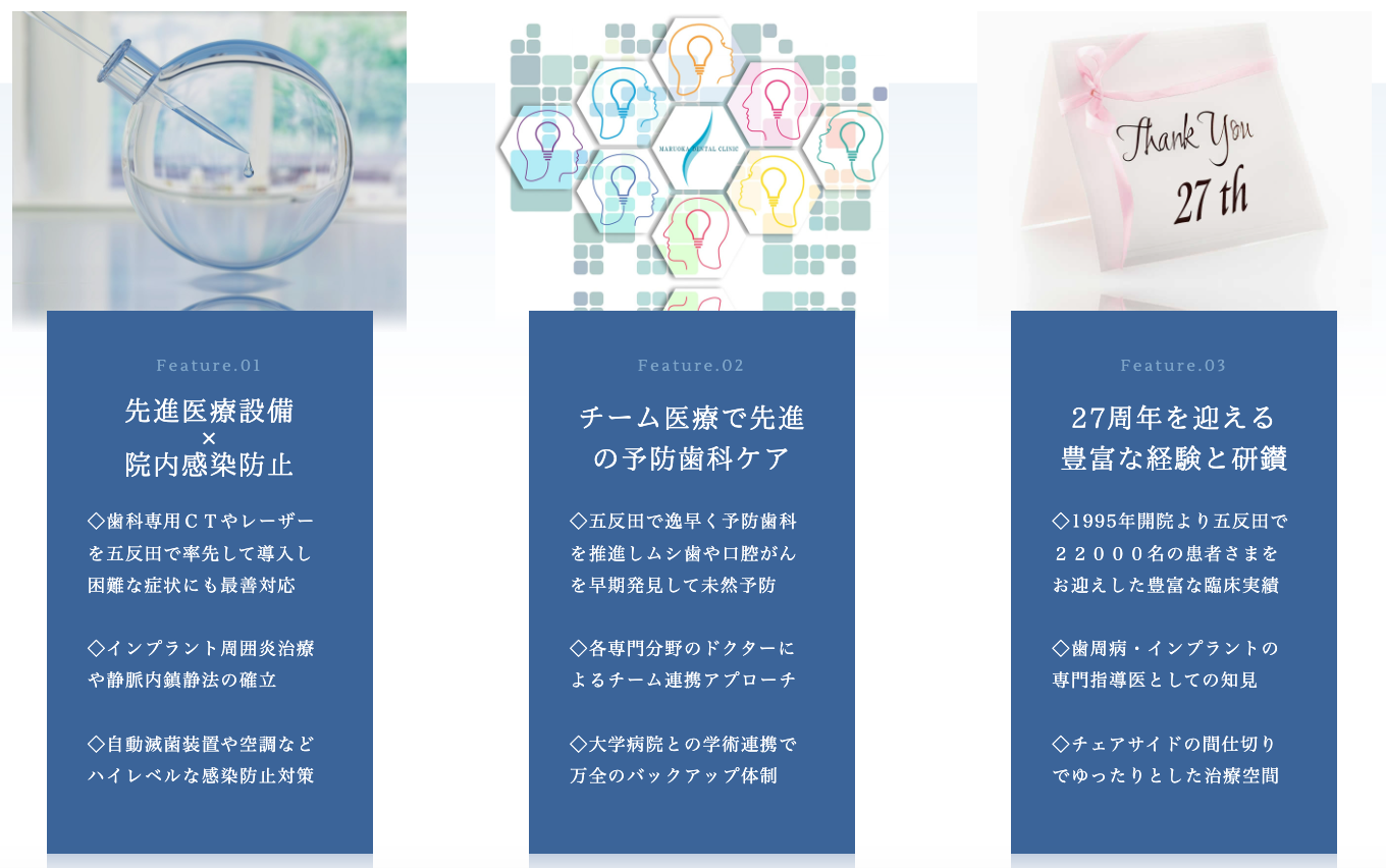 ①まるおか歯科医院の特徴 ②院内案内 ③設備案内