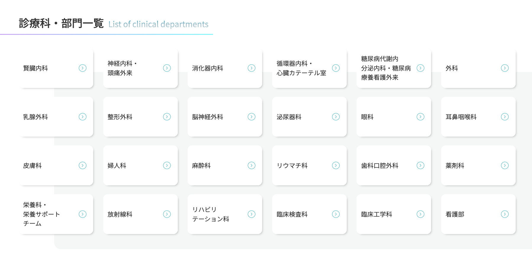 ①さがみ林間病院モットー ②診療科・部門一覧 ③アクセス
