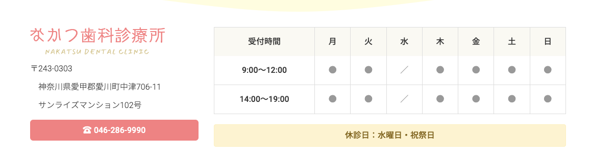 ①地域密着で日曜も休まず診療 一緒に描くお口の健康LIFE ②診療の流れ ③受付時間