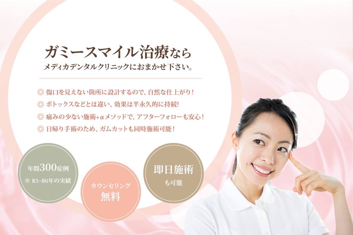 笑った際に歯ぐきが大きく見えてしまう「ガミースマイル」の改善に対応しています