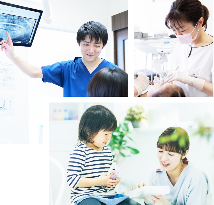 ①松が枝町歯科クリニックイメージ ②健康維持のサイクル ③松が枝町歯科クリニックオリジナルキャラクター『ピカープ』