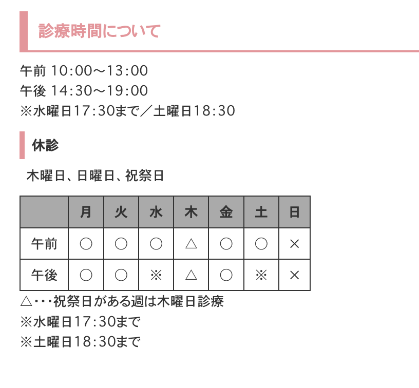 ①医院名 ②診療時間 ③交通のご案内