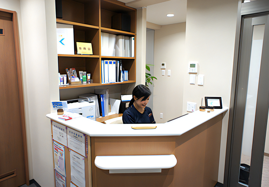 ①クリニック外観②受付③待合室