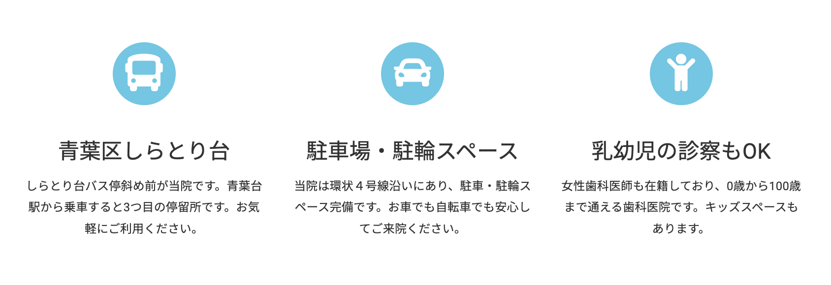①医院外観 ②院内紹介 ③冨岡歯科クリニック特徴