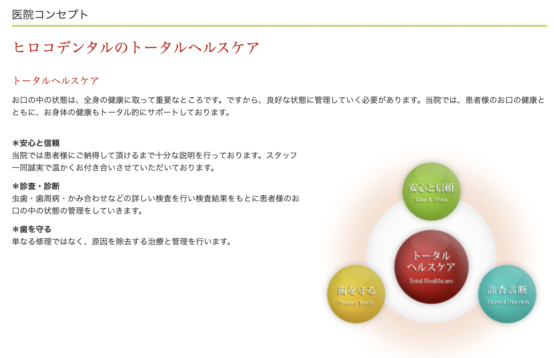 お身体全体の健康もトータルにサポートする「トータルヘルスケア」を大切にしています