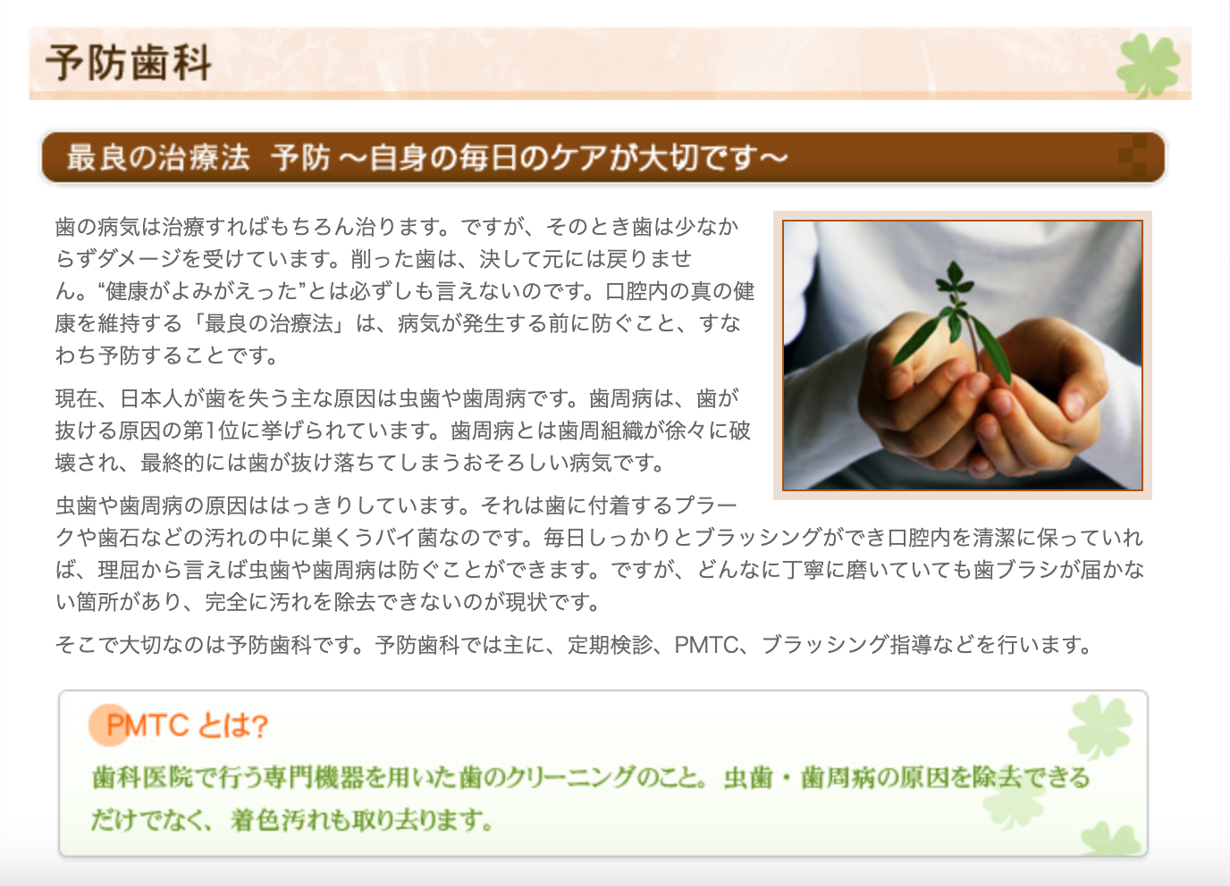 虫歯や歯周病の発症を防ぐことを目的に、定期検診やクリーニング、ブラッシング指導を行っています