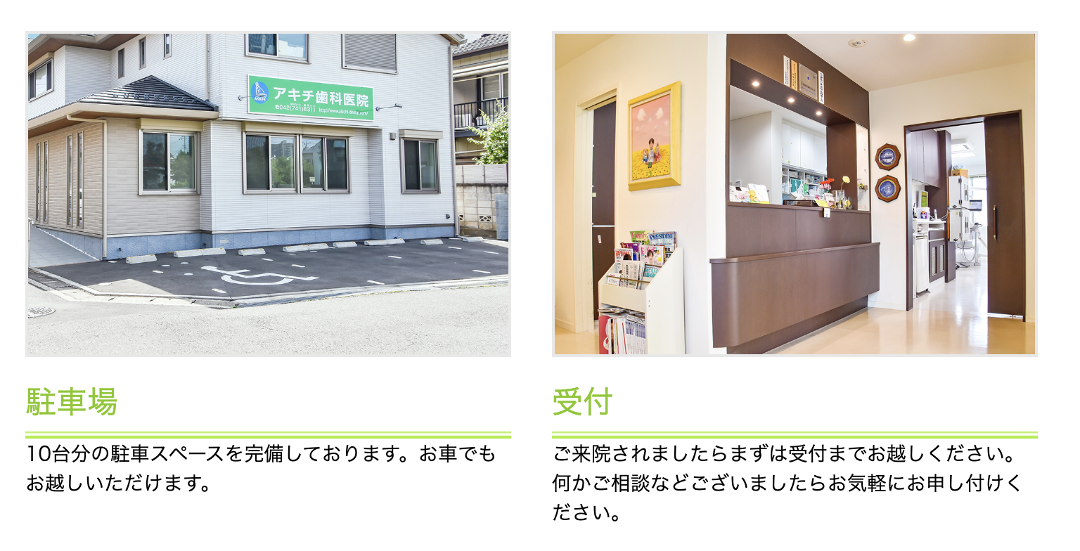 ①医院外観 ②駐車場・受付 ③待合室