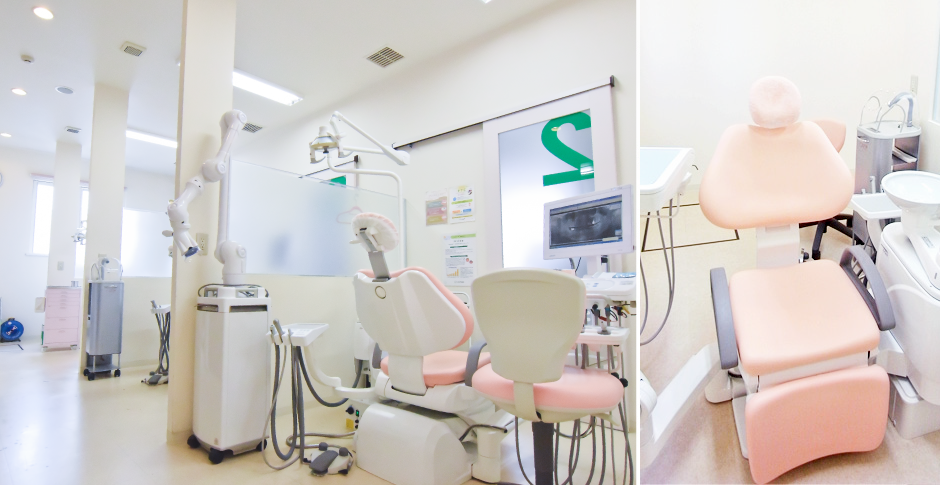 ①外観　②受付　③診療室