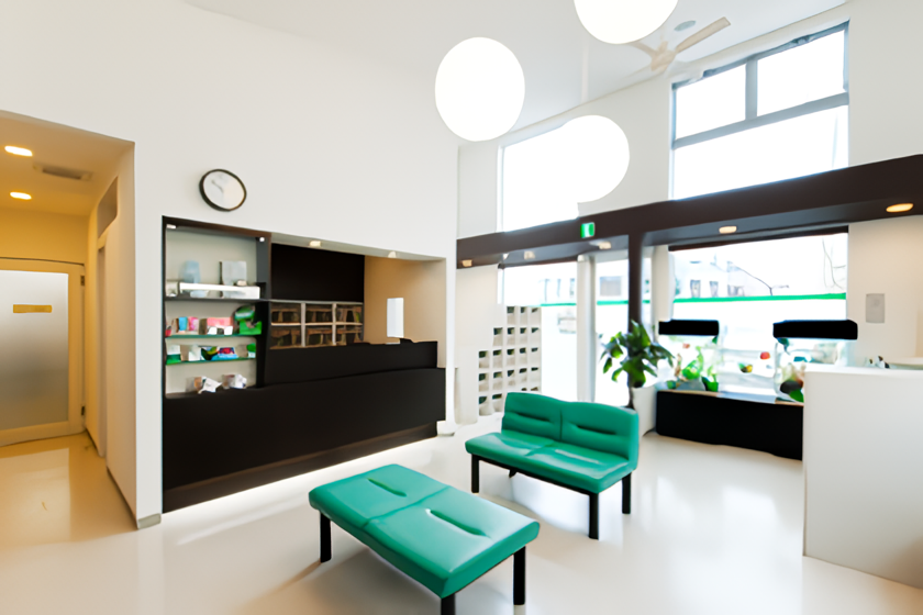 ①クリニック外観②待合室③診療チェア