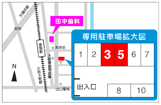 ①医院外観 ②とにかく丁寧な治療―それが、田中歯科の方針です ③駐車場ご案内