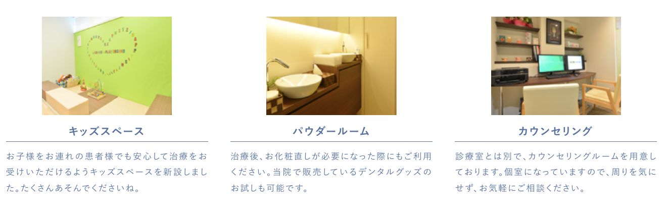 ①理事長、スタッフ ②受付・待合室 ③キッズスペース・パウダールーム・カウンセリングルーム
