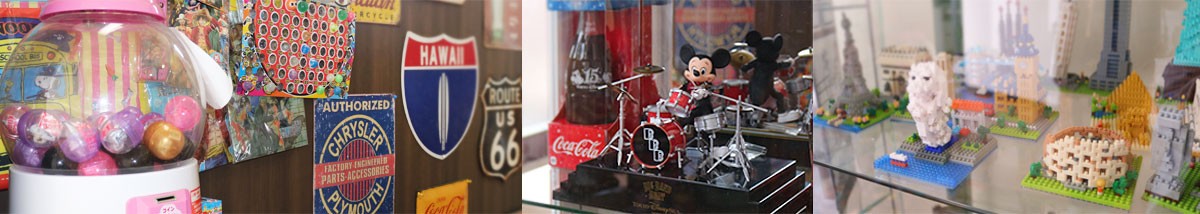 ①クリニック外観②院内展示物③診療室