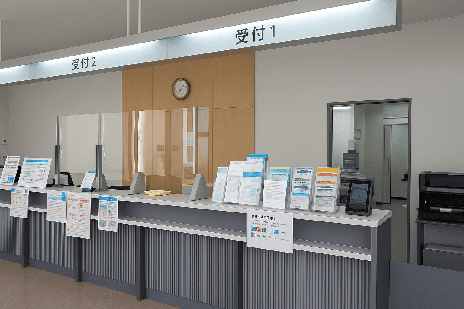 ①②クリニック外観　③受付